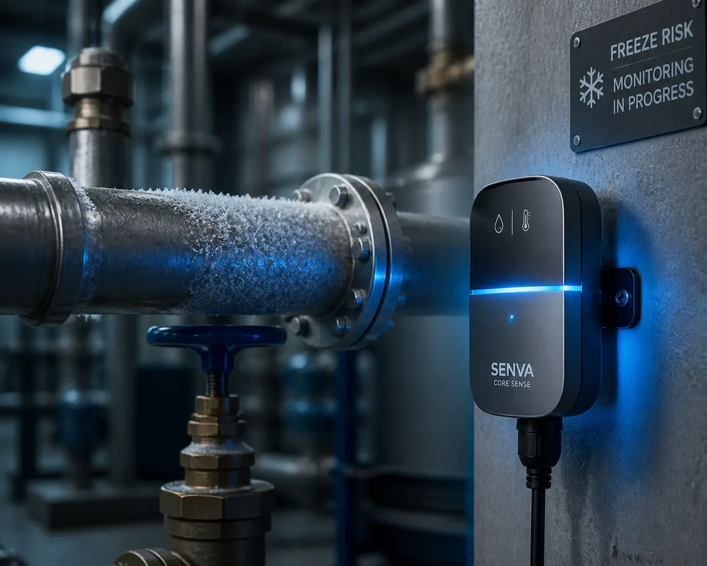 Smart water leak detector and freeze sensor protecting industrial pipes in a commercial mechanical room.