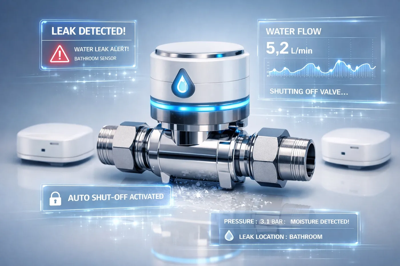 Smart water leak detector with automatic shut off valve and real-time monitoring display