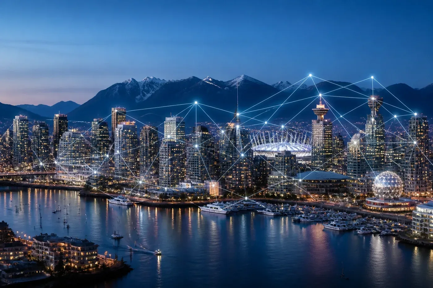 Vancouver skyline with a digital safety net representing building-wide water damage protection.