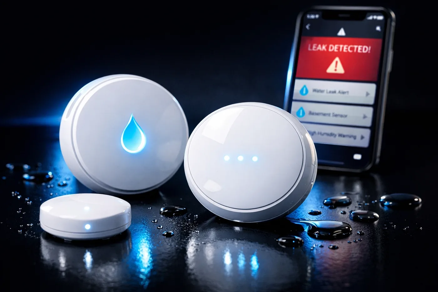 Smart water leak detectors and sensors with smartphone monitoring app for real-time alerts