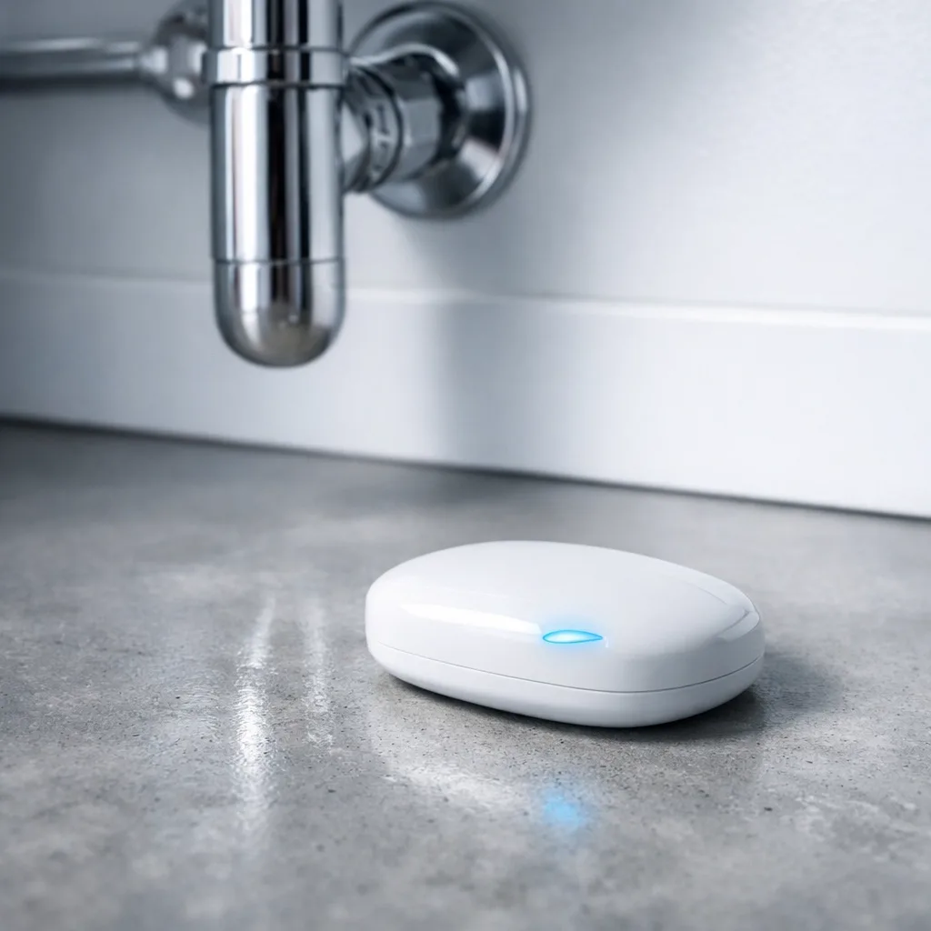 Wireless water leak sensor installed under bathroom sink for smart leak detection