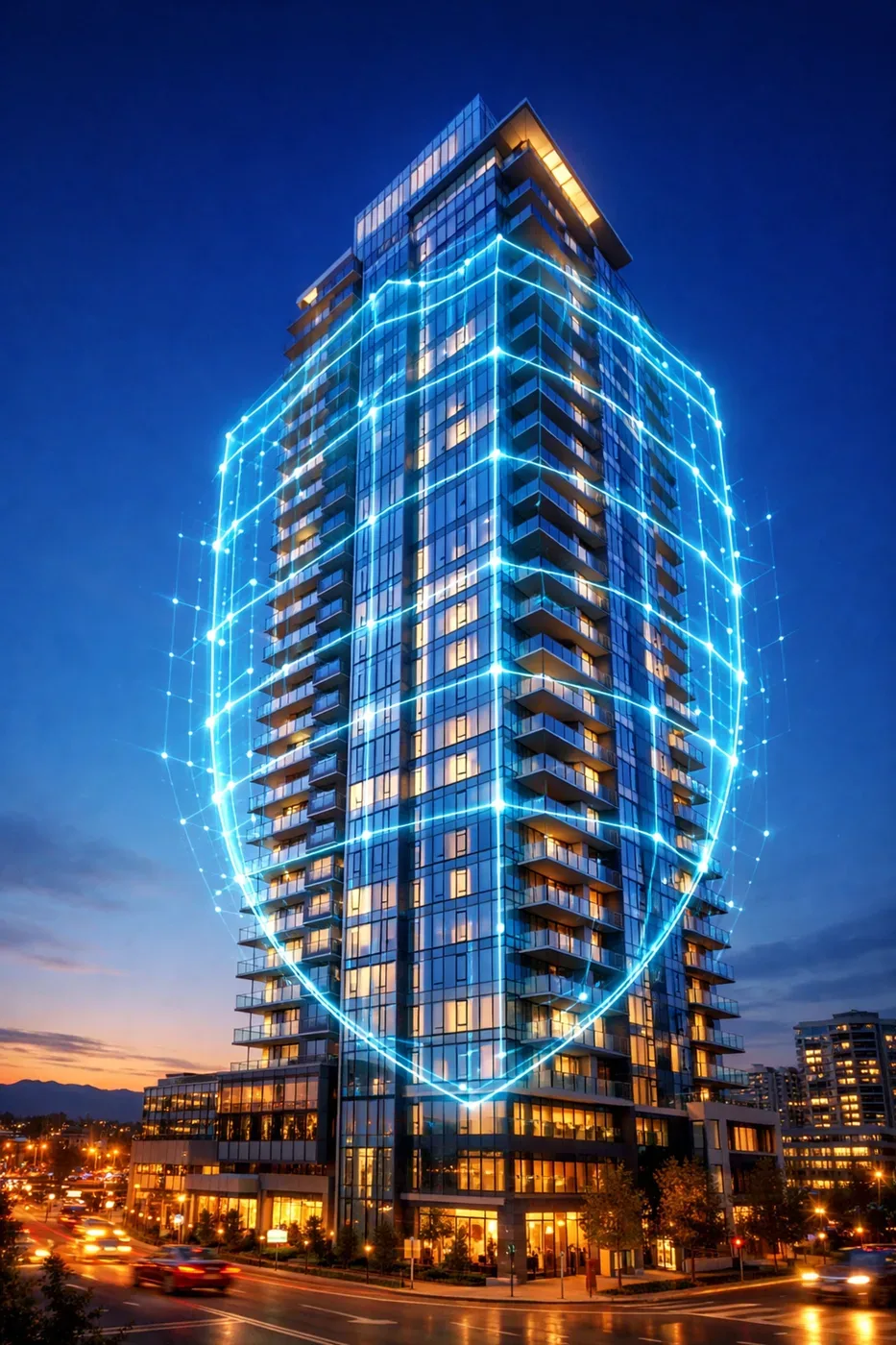 Condo water leak detection and remote monitoring protecting a modern high-rise building in Richmond.