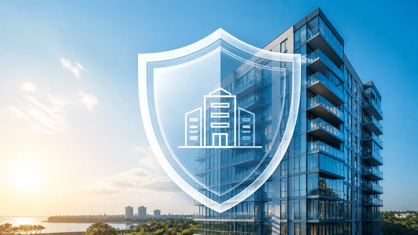 Conceptual image of insurance protection and risk reduction for high-rise buildings