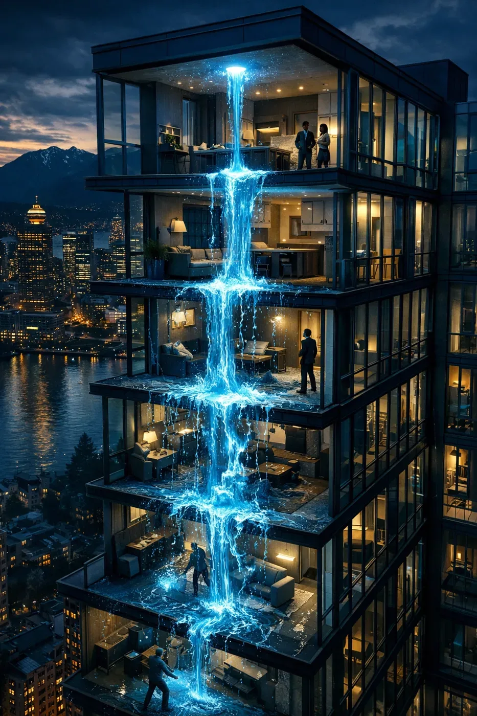 Cross-section of a Vancouver high-rise showing water damage spreading across multiple floors.