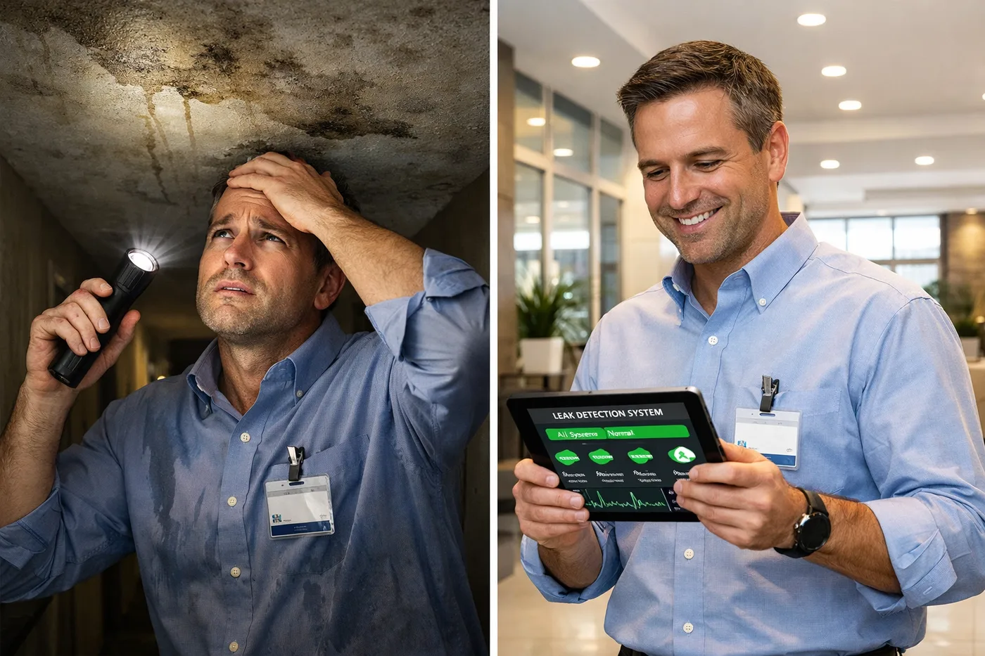 Property manager comparing manual leak inspection to smart water leak detection system in condo