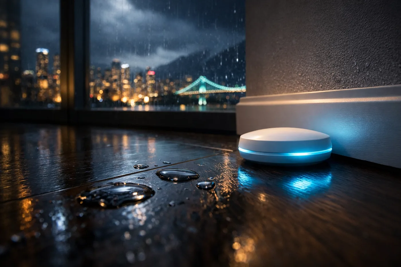 A sleek wireless water leak sensor detecting a spill on a luxury Vancouver condo hardwood floor.