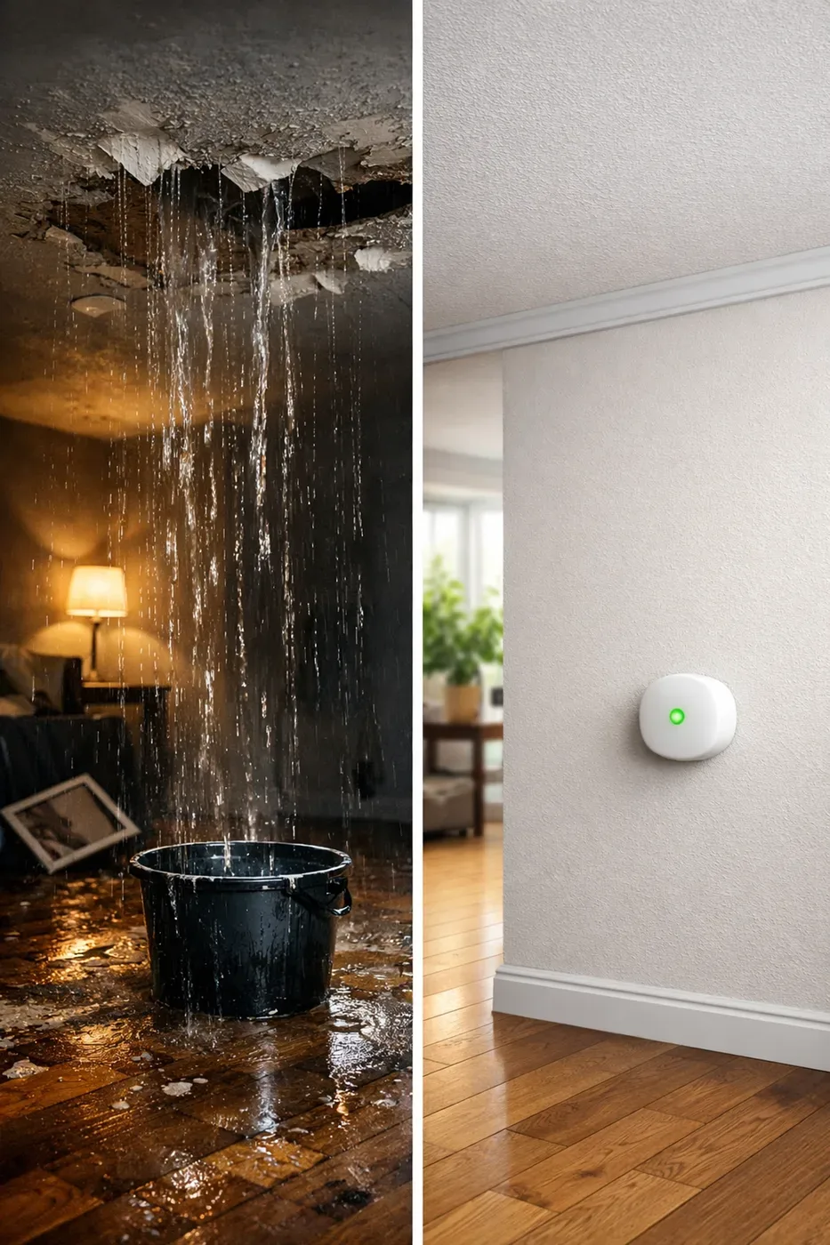 Before and after comparison: water damage ceiling leak versus protected dry ceiling with sensor