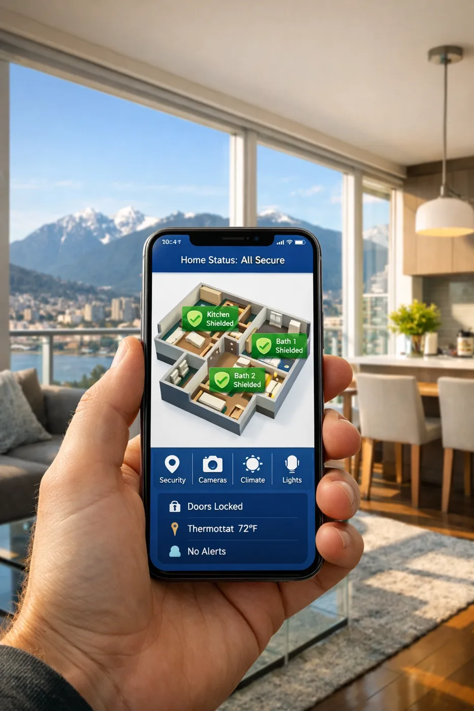 Real-time water leak detection system app showing condo sensors and protected status