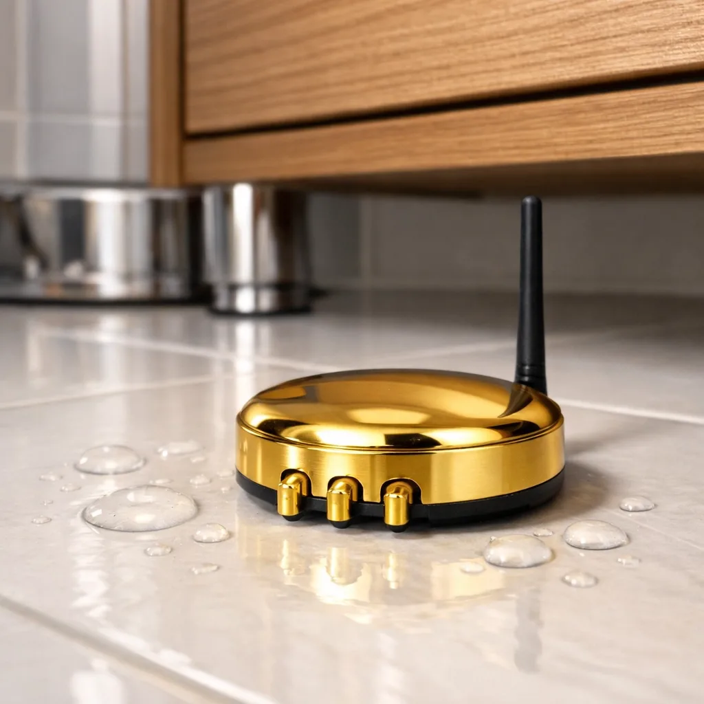 Gold-plated water leak sensor installed on bathroom floor detecting water droplets