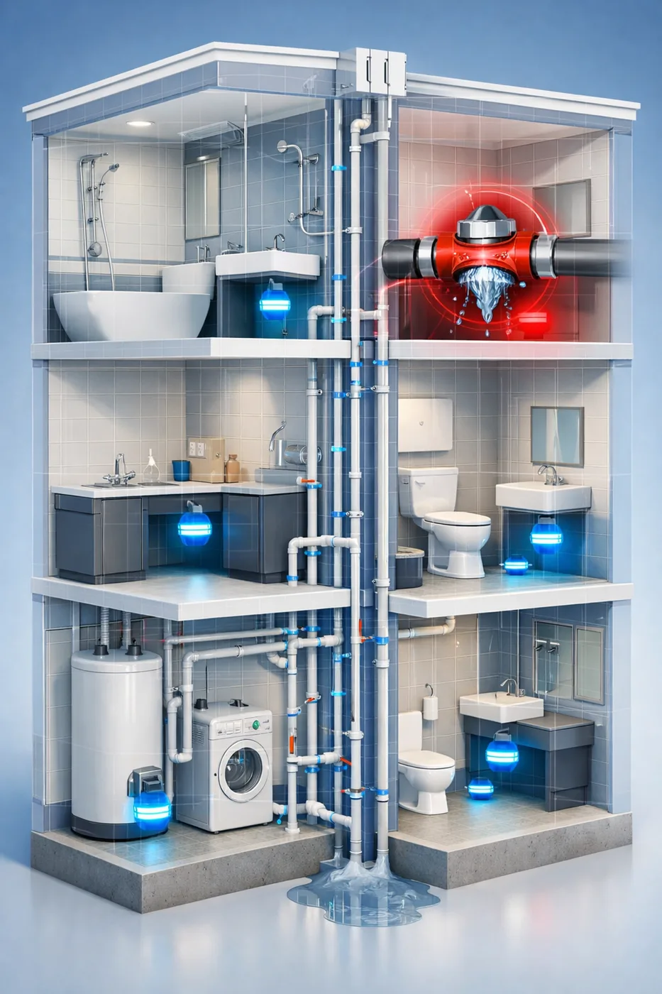 High rise building interior showing smart water leak detector placement throughout multiple floors
