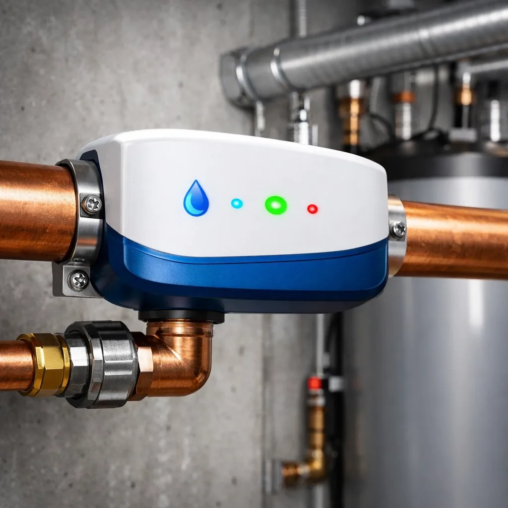 Smart water leak detection sensor installed on pipes in building mechanical room