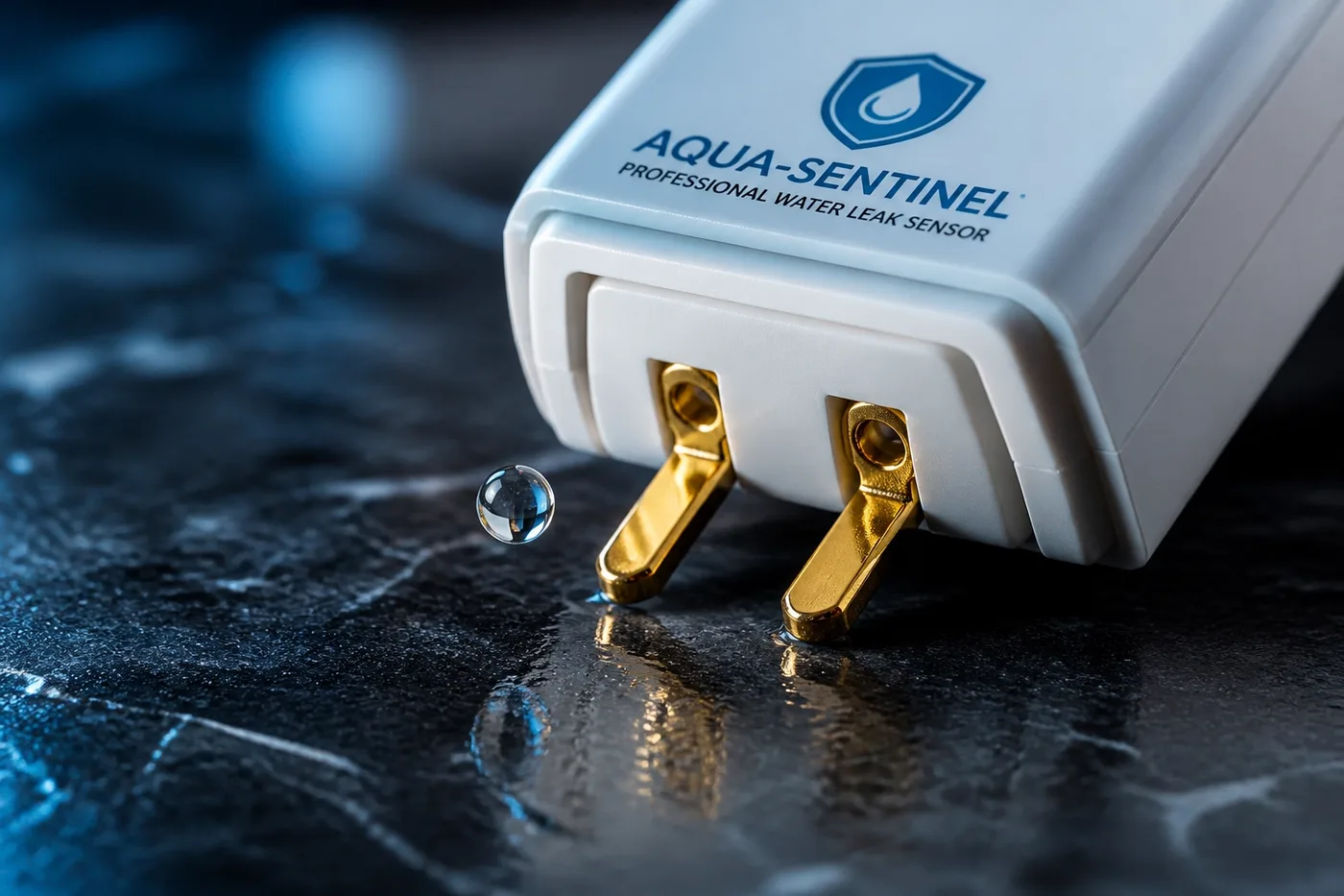 Detailed view of a water leak sensor with gold-plated probes for reliable detection in apartments.