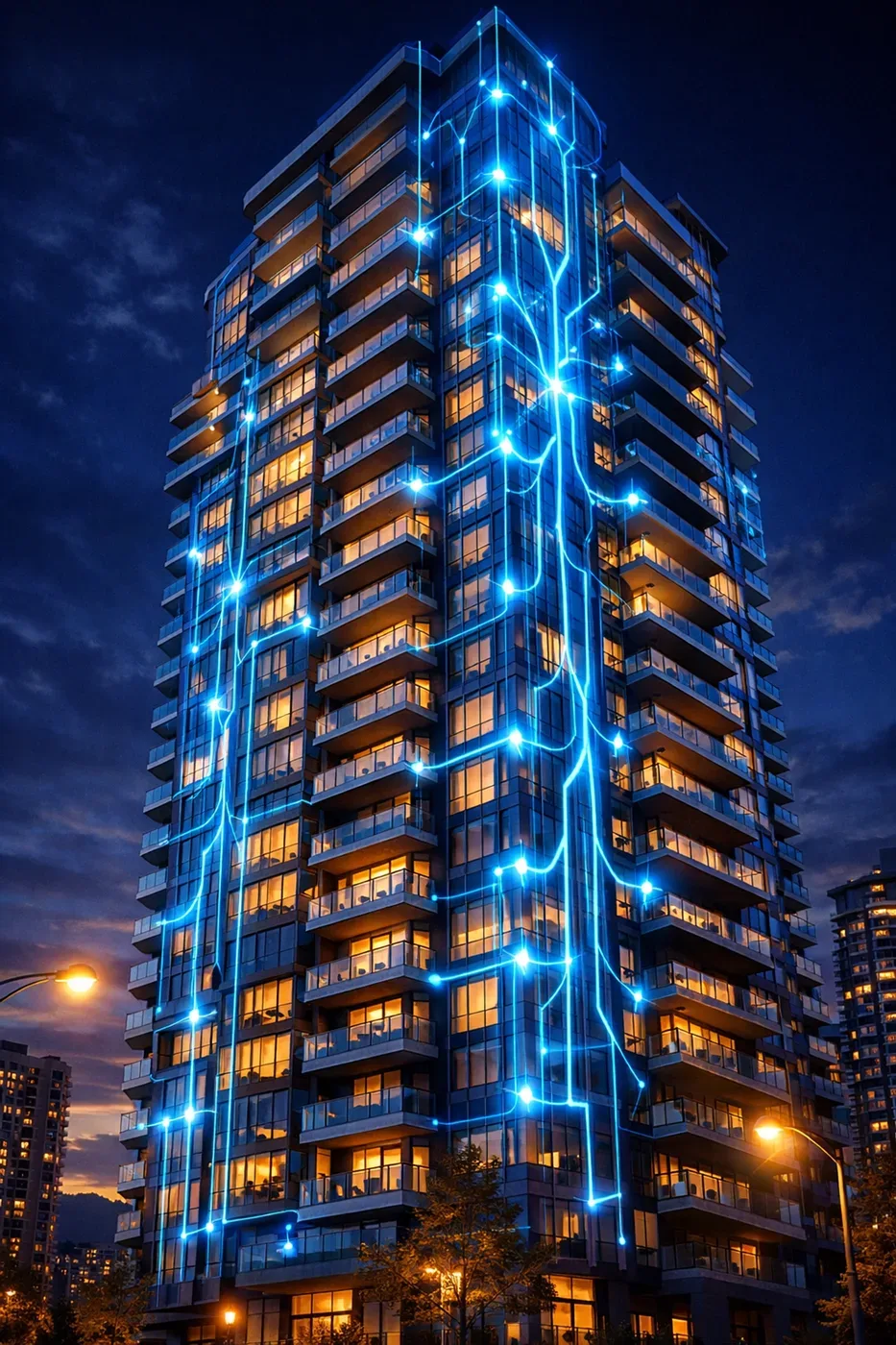 Digital monitoring network and leak sensors protecting a Burnaby high-rise from water damage.