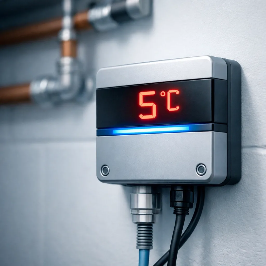 Freeze alert sensor displaying 5°C temperature reading mounted on wall near copper pipes in mechanical room