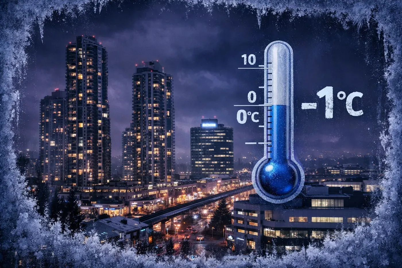 Surrey BC buildings at night showing freeze risk conditions requiring freeze alert sensors