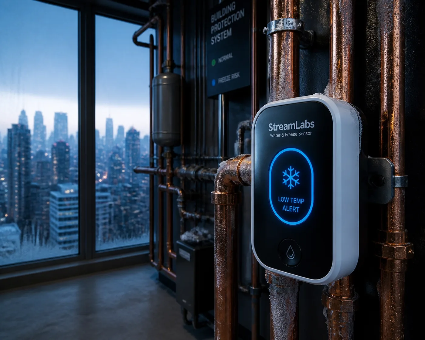Smart water leak detector with freeze alert installed on high-rise mechanical room pipes.