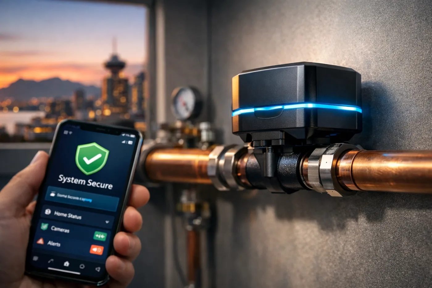 Automatic water shut off valve with leak detection and remote monitoring app for Vancouver homes.