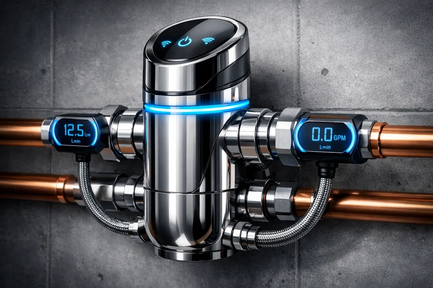 Smart water shut off valve with sensors mounted on building pipes for automatic leak detection