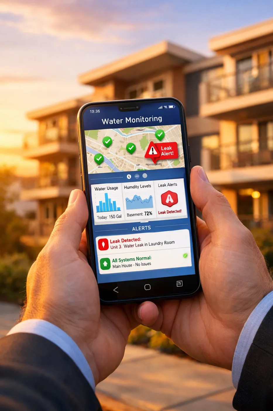 Property manager monitoring multiple buildings remotely via smartphone water leak detection app dashboard