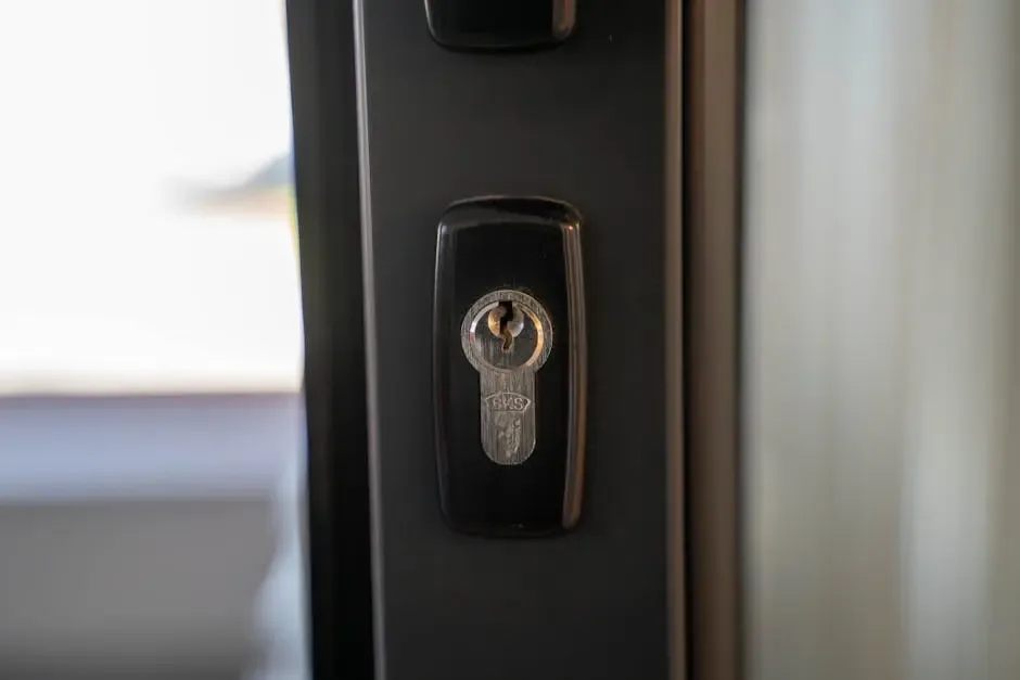 A close-up of a black door lock with a keyhole, set against a blurred background, emphasizing property protection.