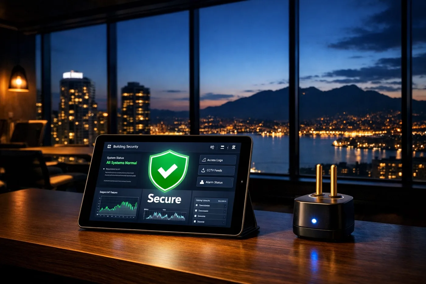 Professional water sensor and security tablet overlooking the Vancouver skyline for commercial leak protection.
