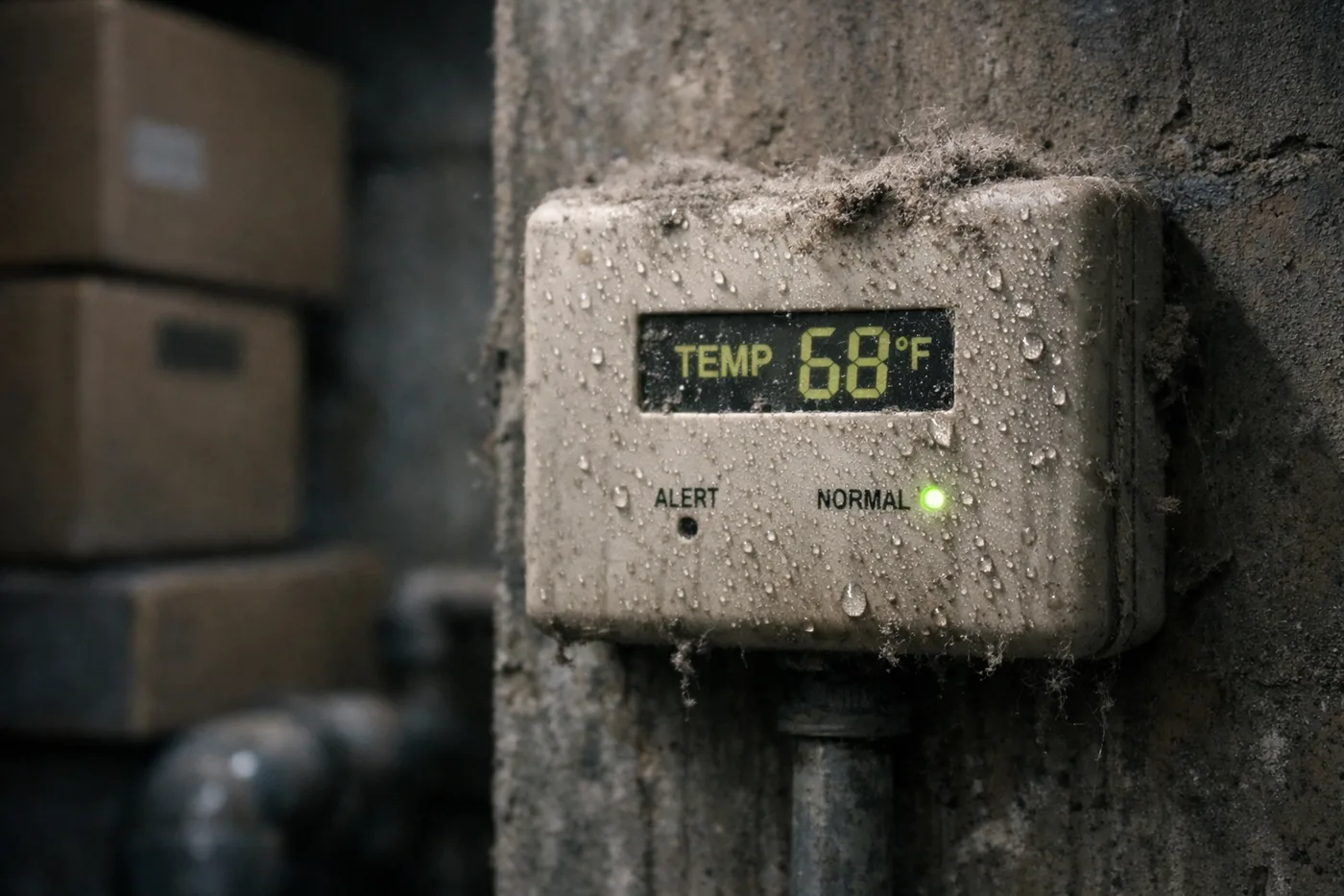 Dust-covered freeze alert sensor in utility room needing regular maintenance inspection