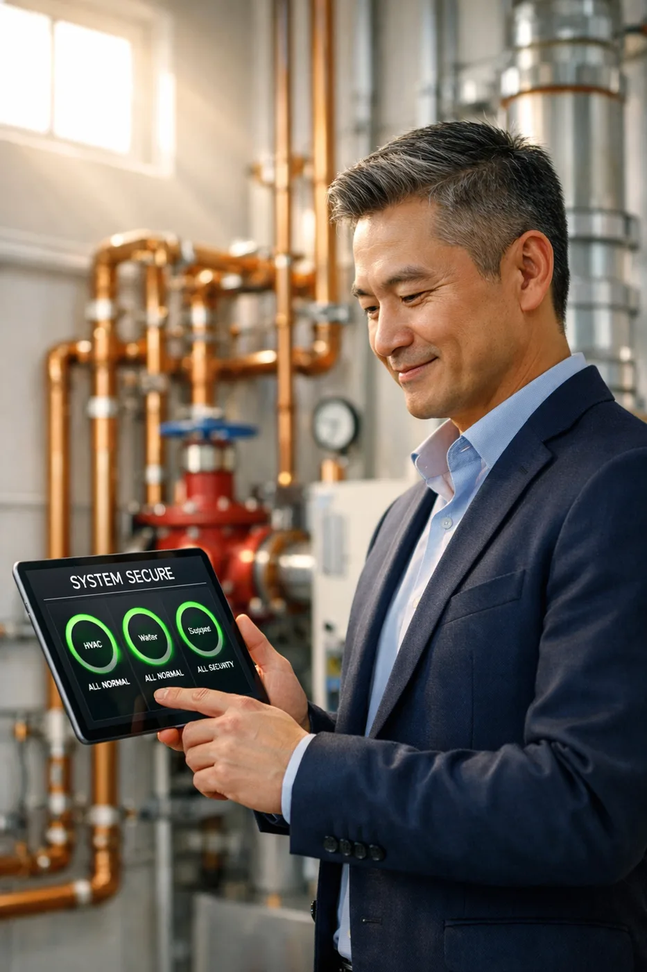 Vancouver property manager monitoring a building leak detection system in a mechanical room.
