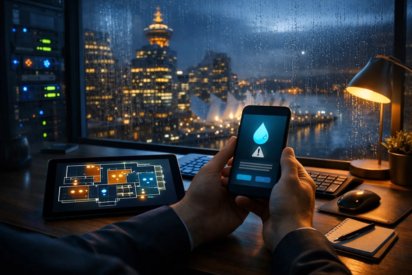 Property manager using a smart water leak detector app to monitor high rise building safety.