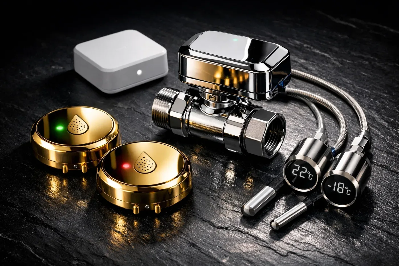 Premium water leak sensors and automatic shut-off valve equipment for commercial buildings
