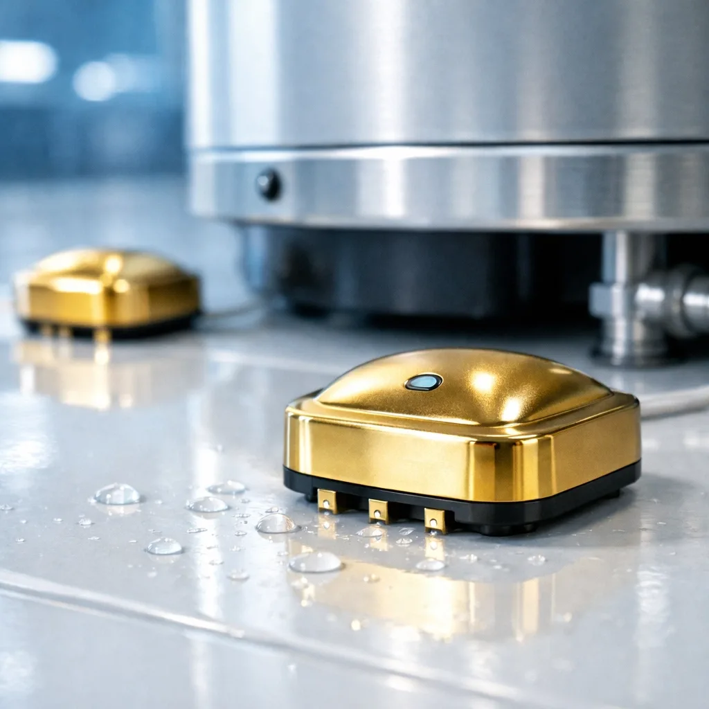 Gold-plated water leak detection sensors detecting water droplets on commercial building floor