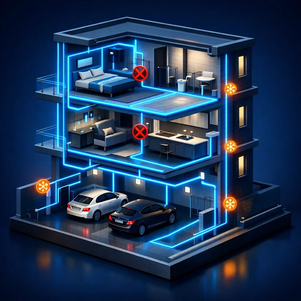 Commercial leak detection system protecting multi-story condo building with integrated sensors