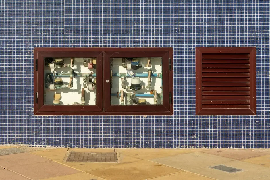 Close-up of a tiled wall with exposed water meters and vent in Arinaga, Spain.