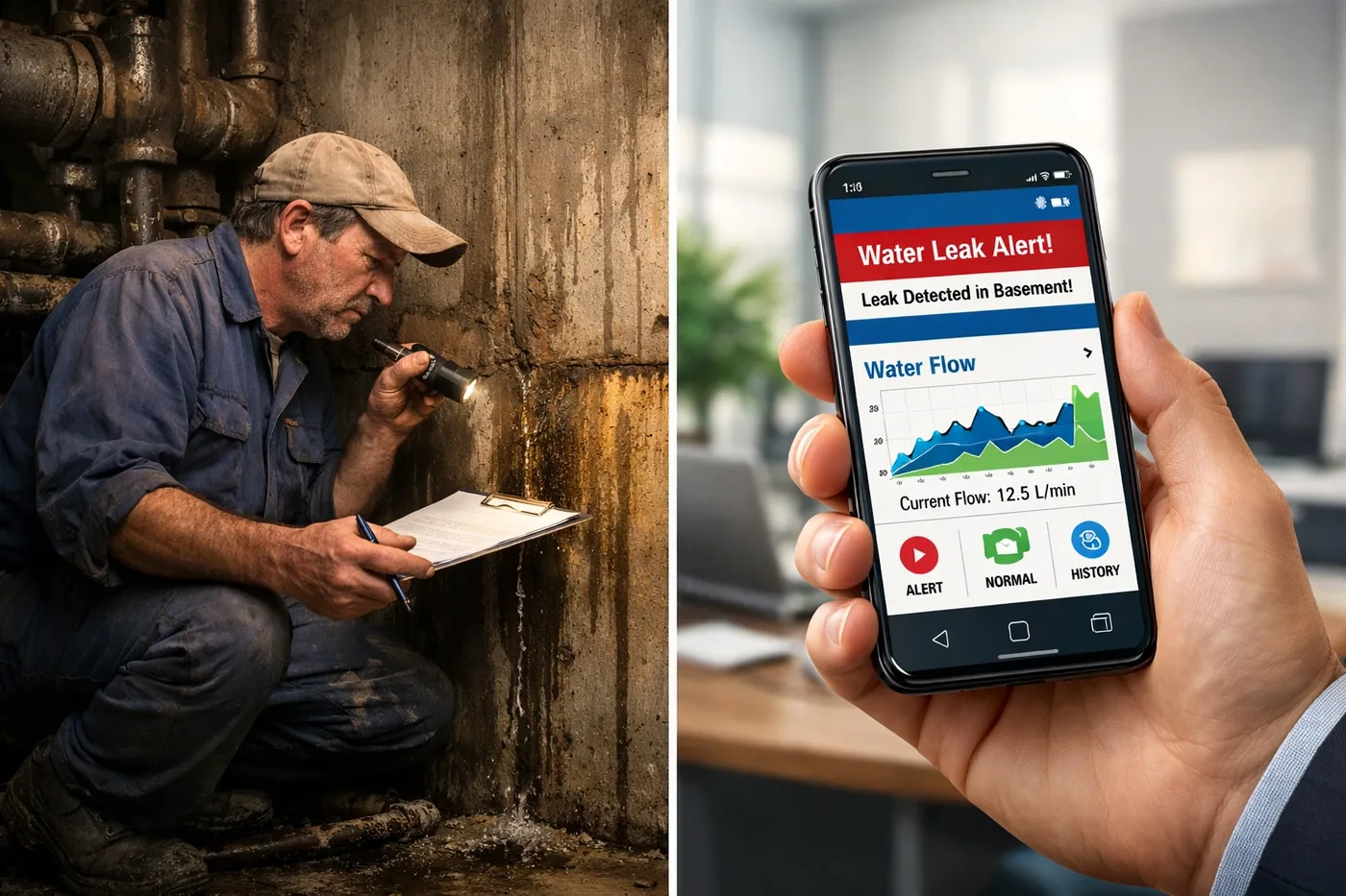 Manual pipe inspection vs smart water leak detector dashboard showing modern leak detection technology