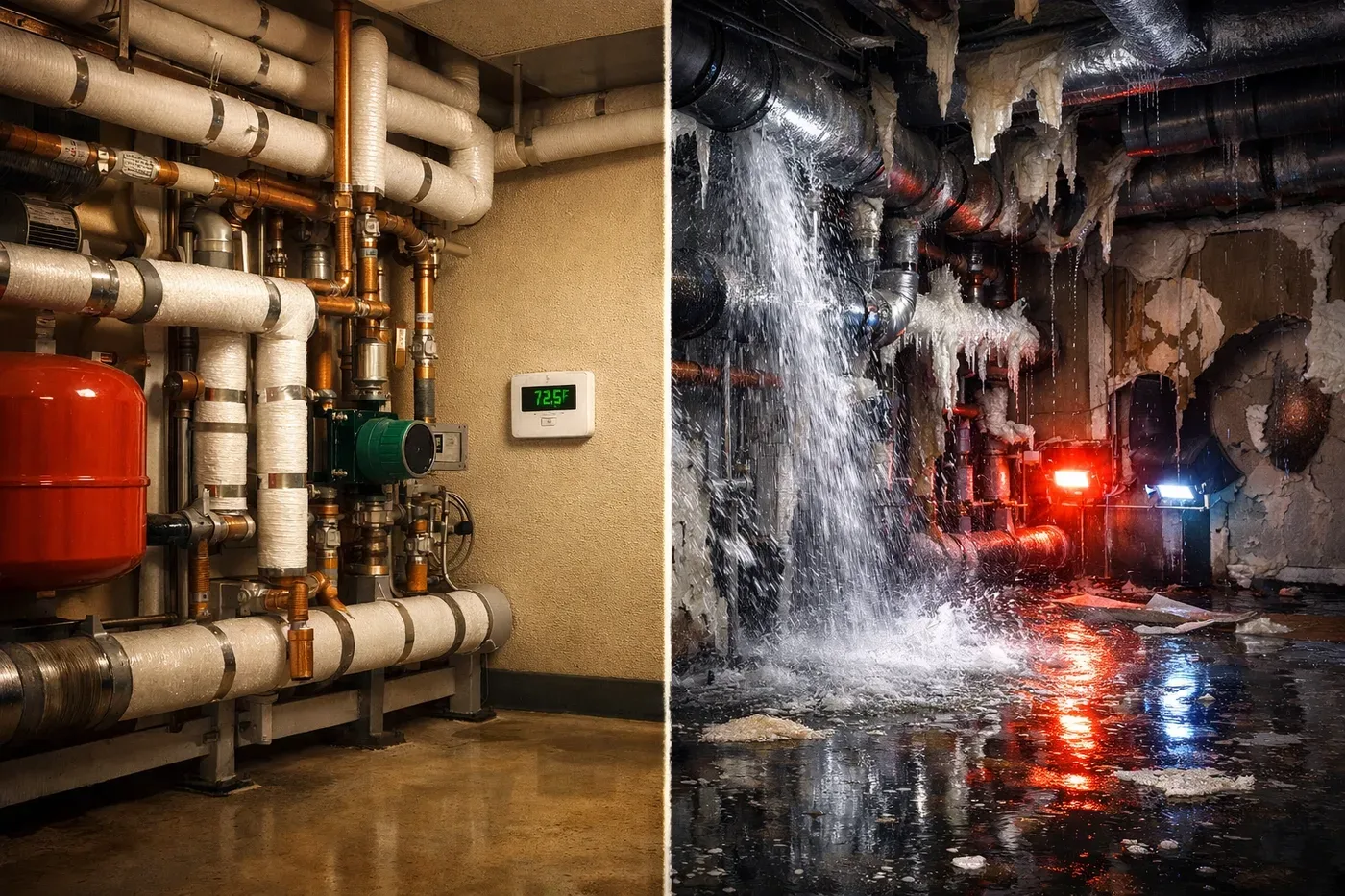 Comparison of maintained mechanical room with freeze sensor versus burst pipe water damage disaster