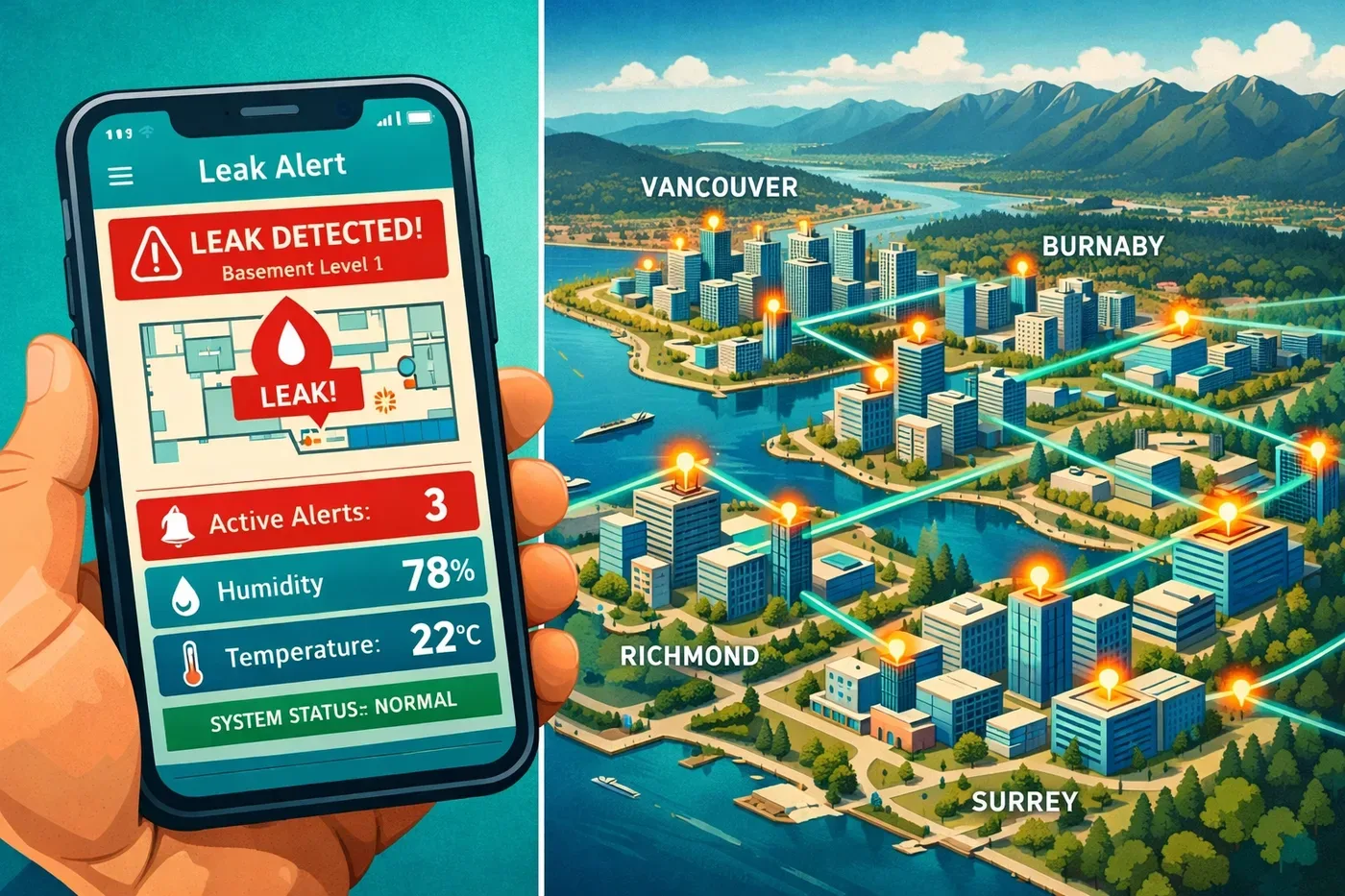 Remote leak detection monitoring app dashboard showing Lower Mainland building connections