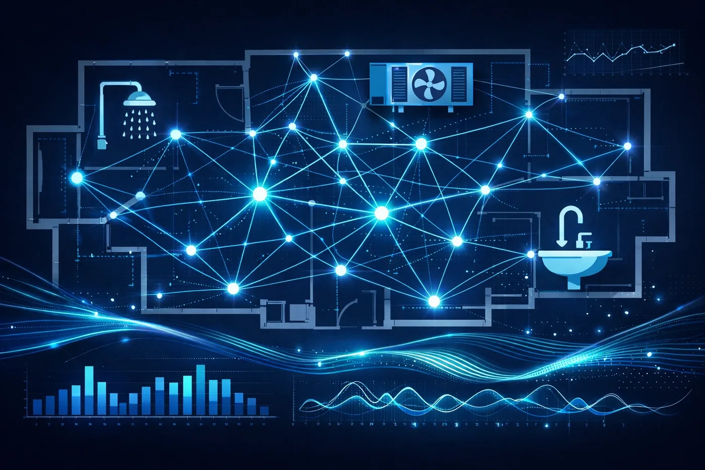 AI-powered leak detection network monitoring water usage across high-rise building floor plan