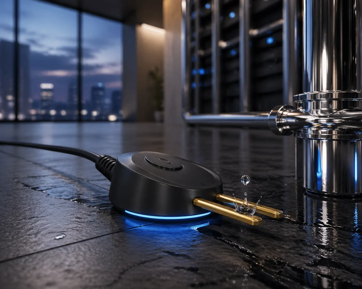 Gold-plated water leak sensor detecting a drip for high-rise condo flood prevention in Burnaby BC.