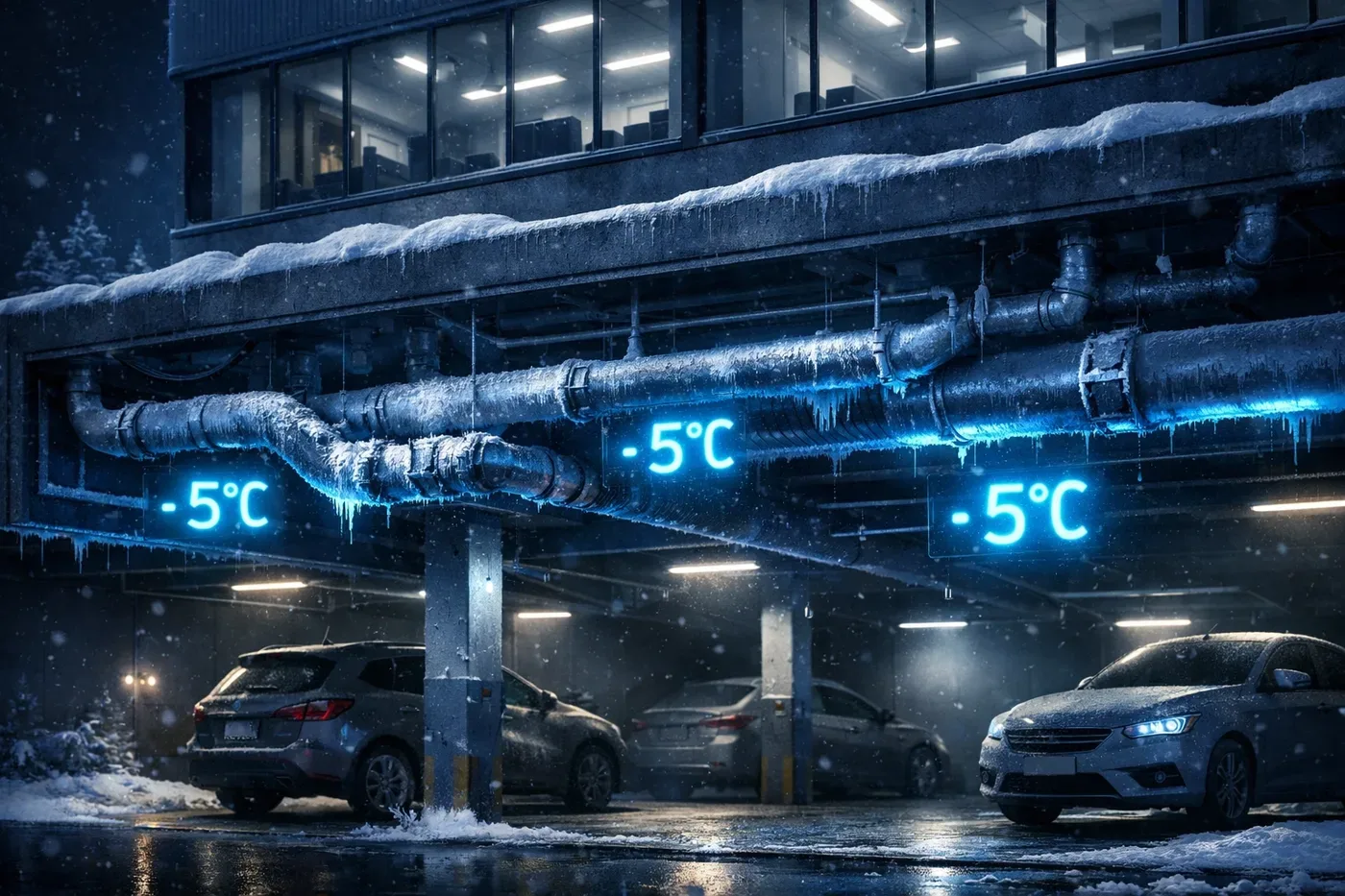 Freeze alert sensor detecting dangerous 5°C temperatures in commercial building pipes
