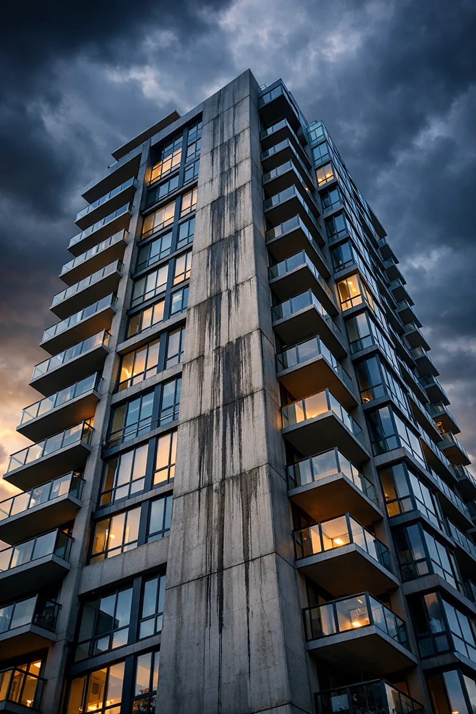 Vancouver high-rise condo building showing water damage stains running down exterior facade