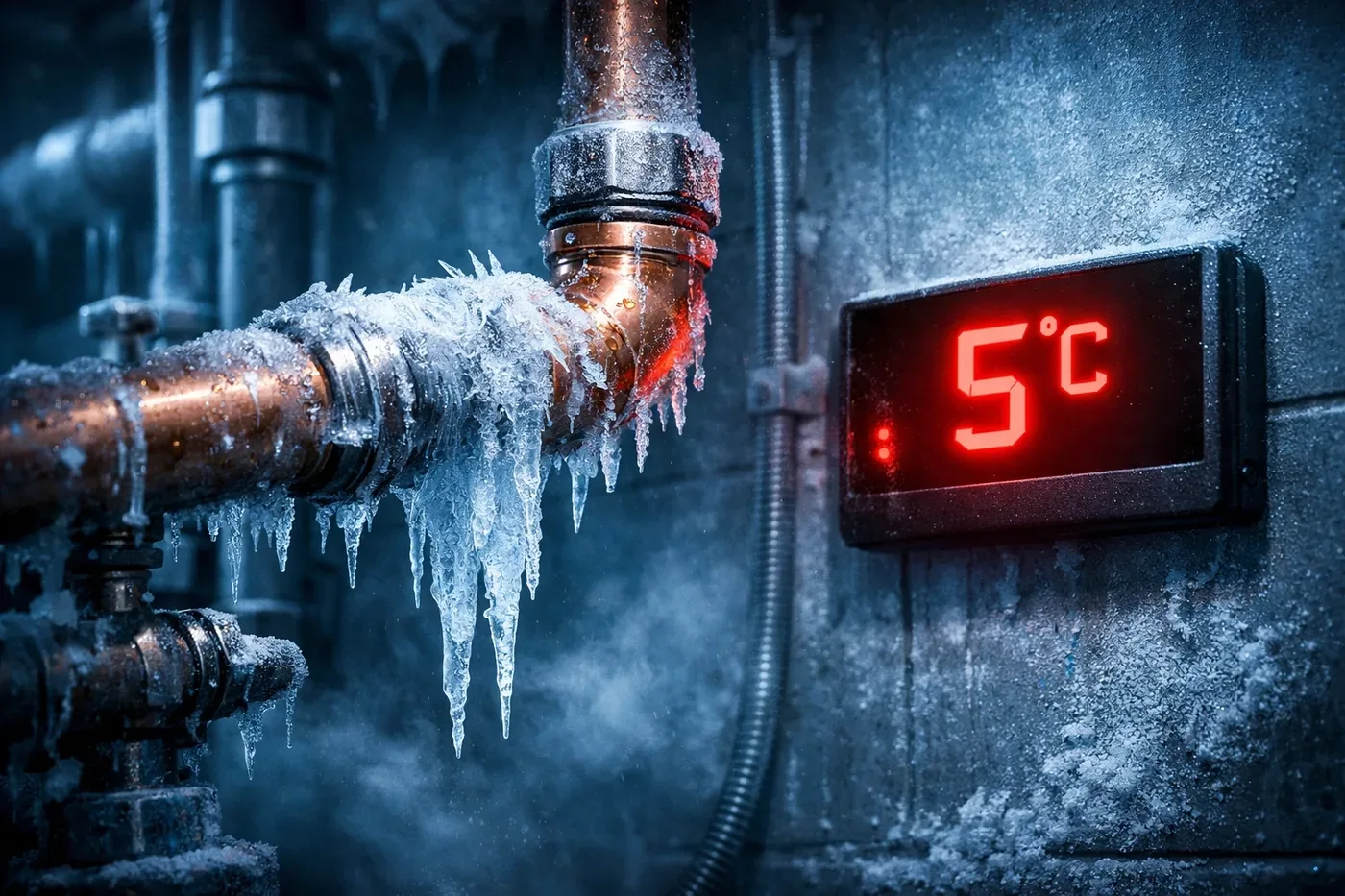 Freeze alert sensor detecting 5°C temperature on frozen pipe in mechanical room