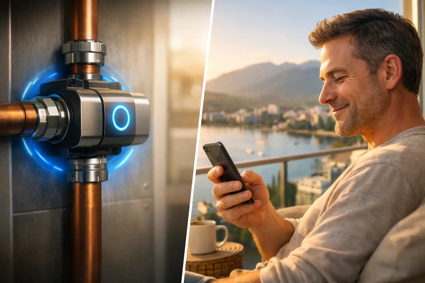 Vancouver homeowner monitors a smart water shutoff valve and leak detection system via smartphone.