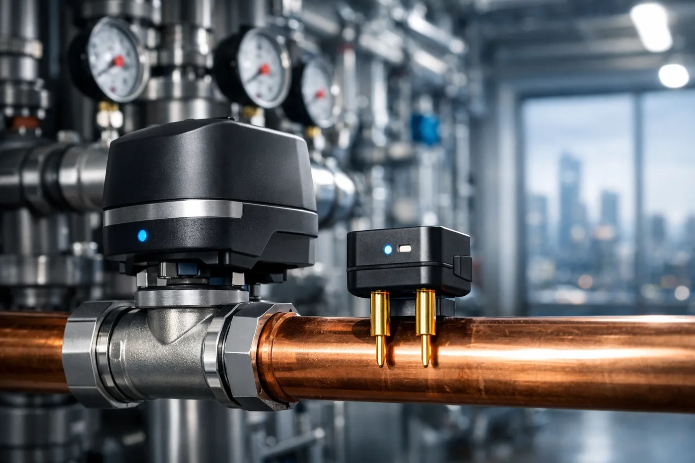 Smart water shut-off valve and gold-plated sensor installed in a Vancouver high-rise mechanical room for leak prevention.