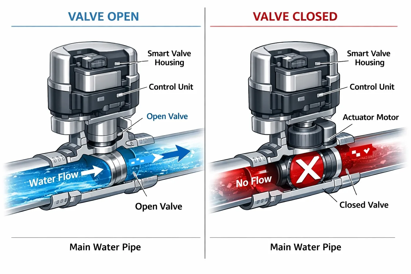 Smart water shutoff valve diagram showing open flow and closed emergency shutoff states