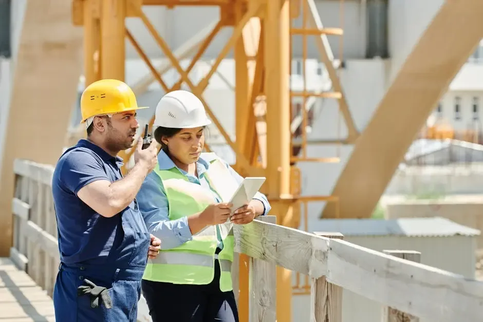 A male construction worker in a yellow hard hat and a blue shirt communicates using a walkie-talkie while a female worker in a white hard hat and green safety vest examines a tablet, both standing on a wooden platform with industrial structures in the background.