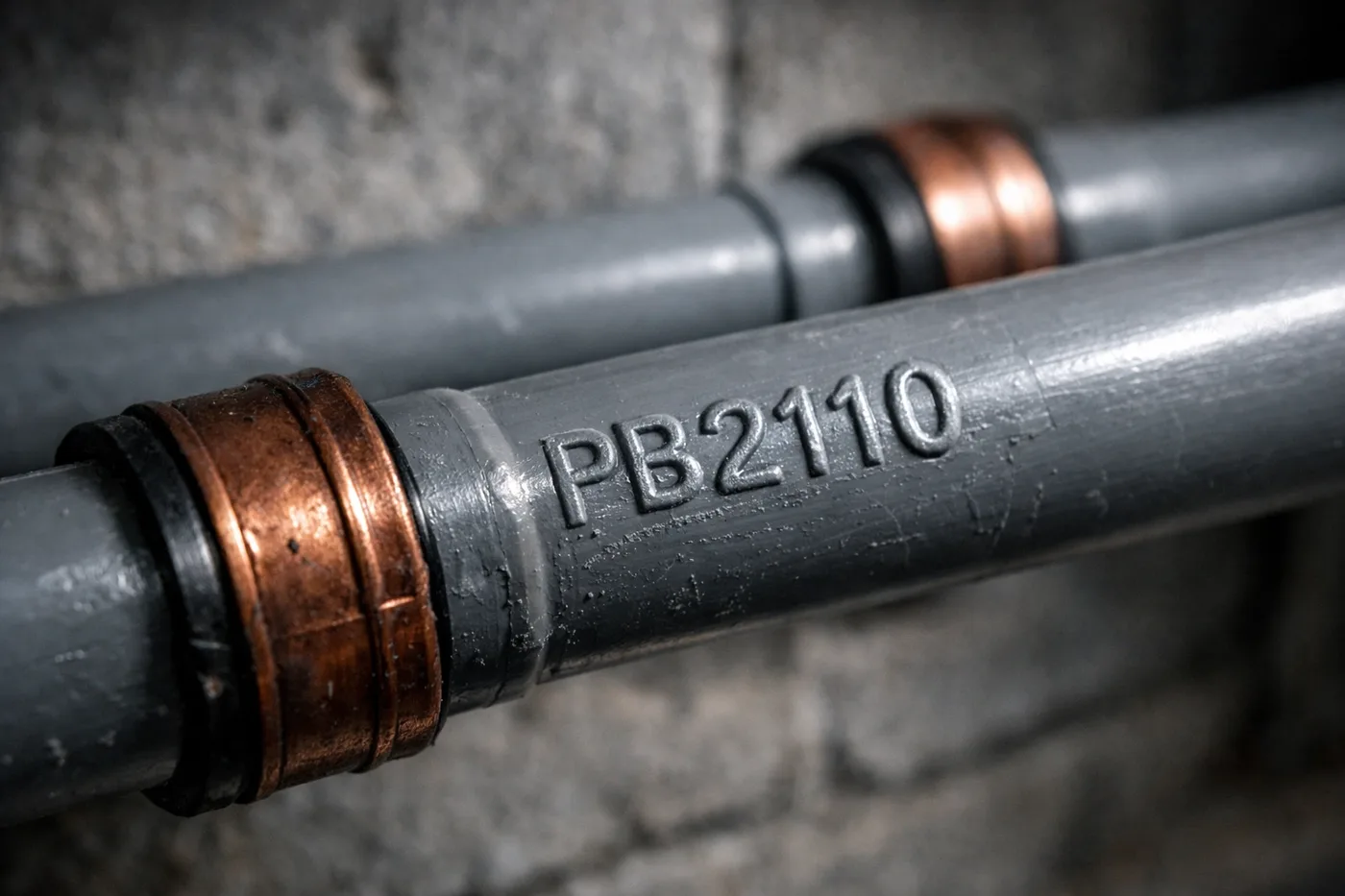 Grey Poly B pipe with PB2110 stamping and copper crimp fittings in Burnaby home basement
