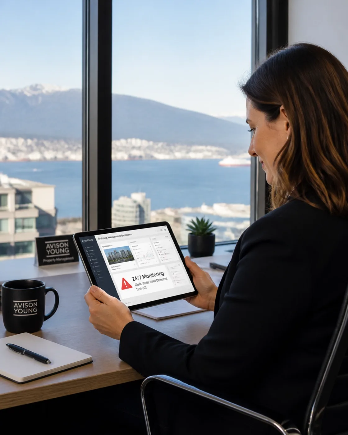 Property manager in Vancouver office checking building status on a tablet with a calm expression