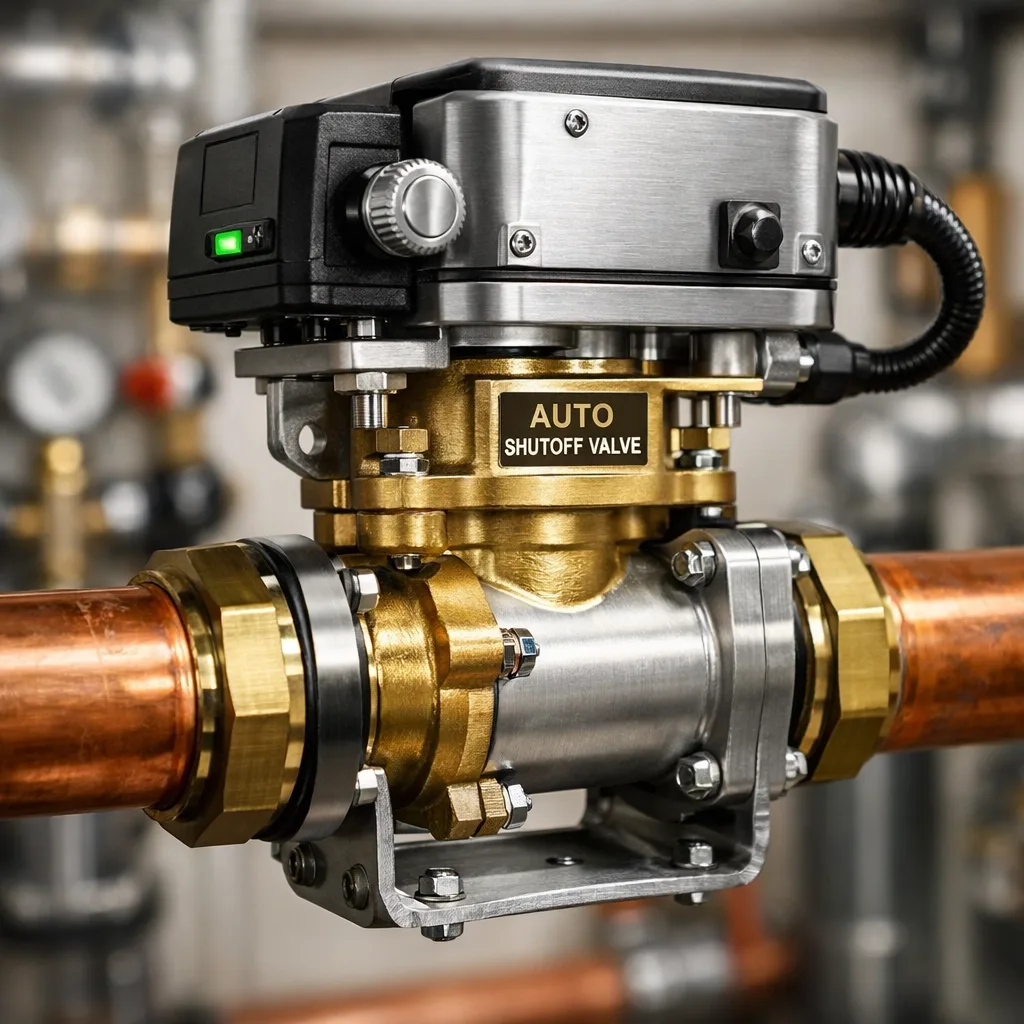 Heavy-duty automatic water shut off valve installed on a main copper water line to prevent building flooding.