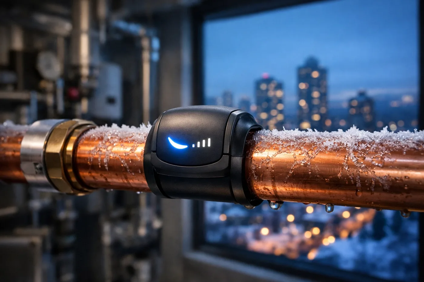Smart freeze sensor on a copper water pipe in a Burnaby building preventing burst pipes.