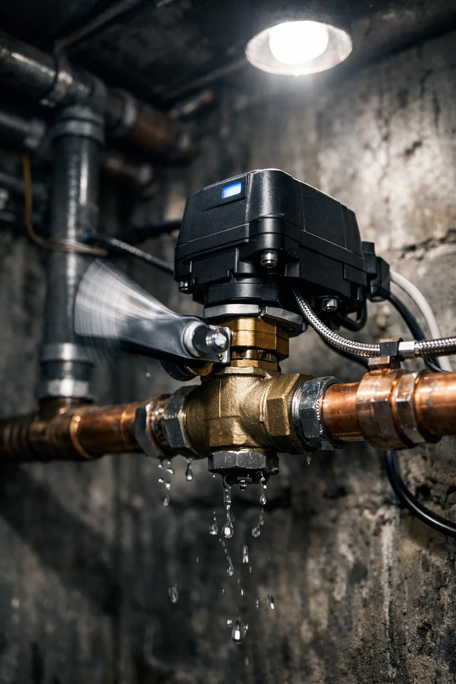 Automatic water shut-off valve mounted on copper pipes for leak protection