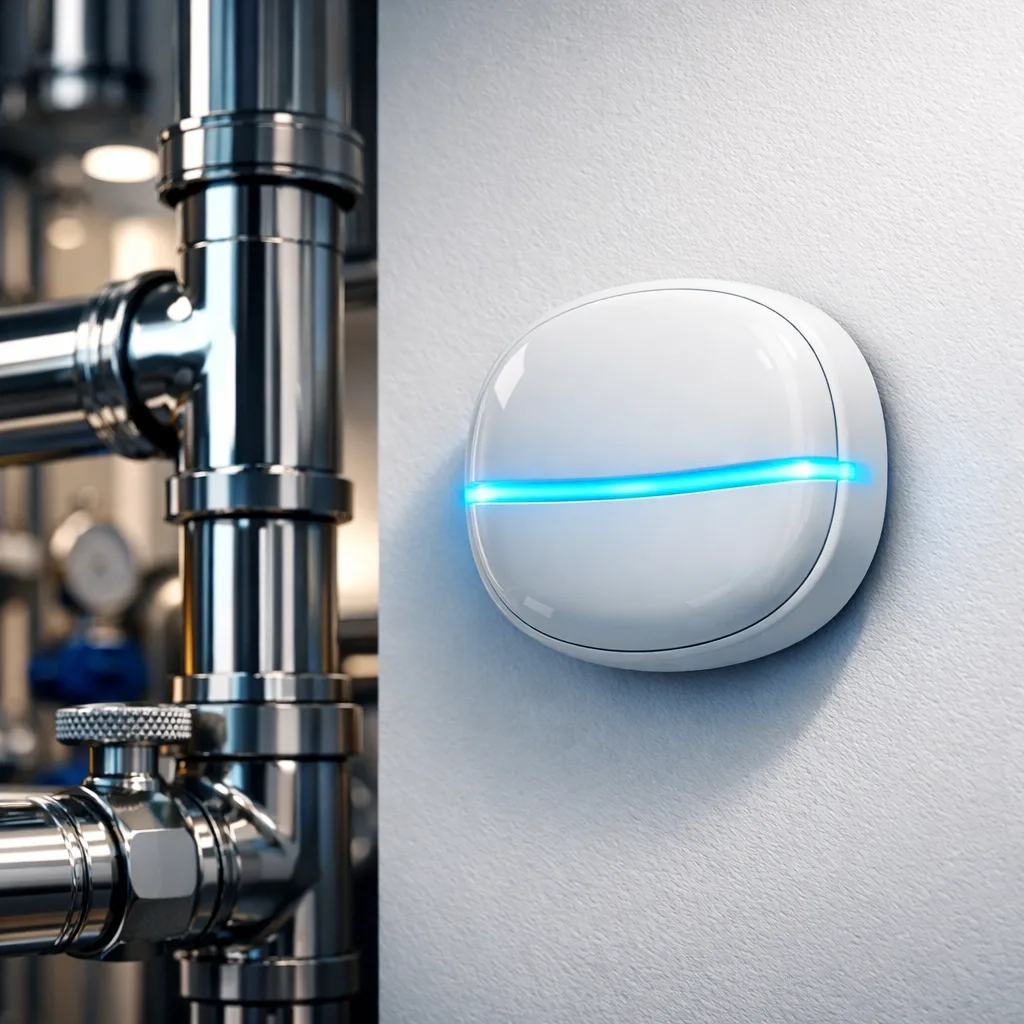 Smart water leak sensor with blue LED mounted near pipes in high-rise mechanical room
